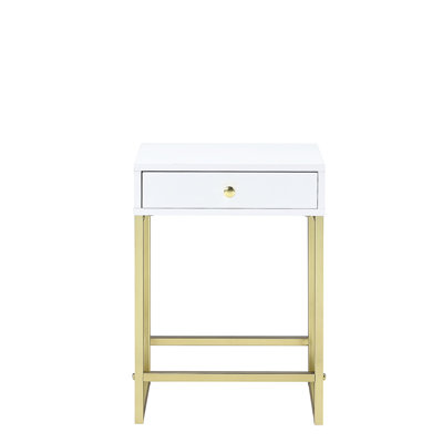 Sleek White Veneer & Brass Metal Table For Balcony - 20Lbs Drawer Capacity, Stylish Modern Accent Small Areas 40Lbs Top Load,