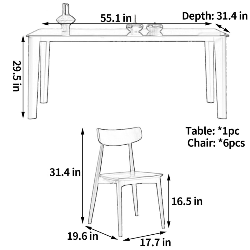 Simple rectangular table and chair, 29.5"H x 55.1"L x 31.4"W