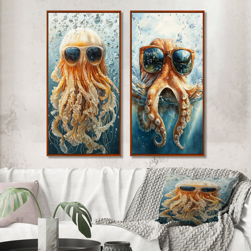 Pieuvre orange avec lunettes dans l'océan I - ensemble d'art mural méduse 2 pièces, H 32 po x l 32 po, Impression encadrée