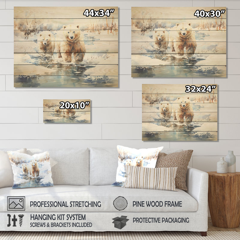 Ours polaires des neiges en hiver I - reproduction d'ours sur bois, H 24 po x l 32 po