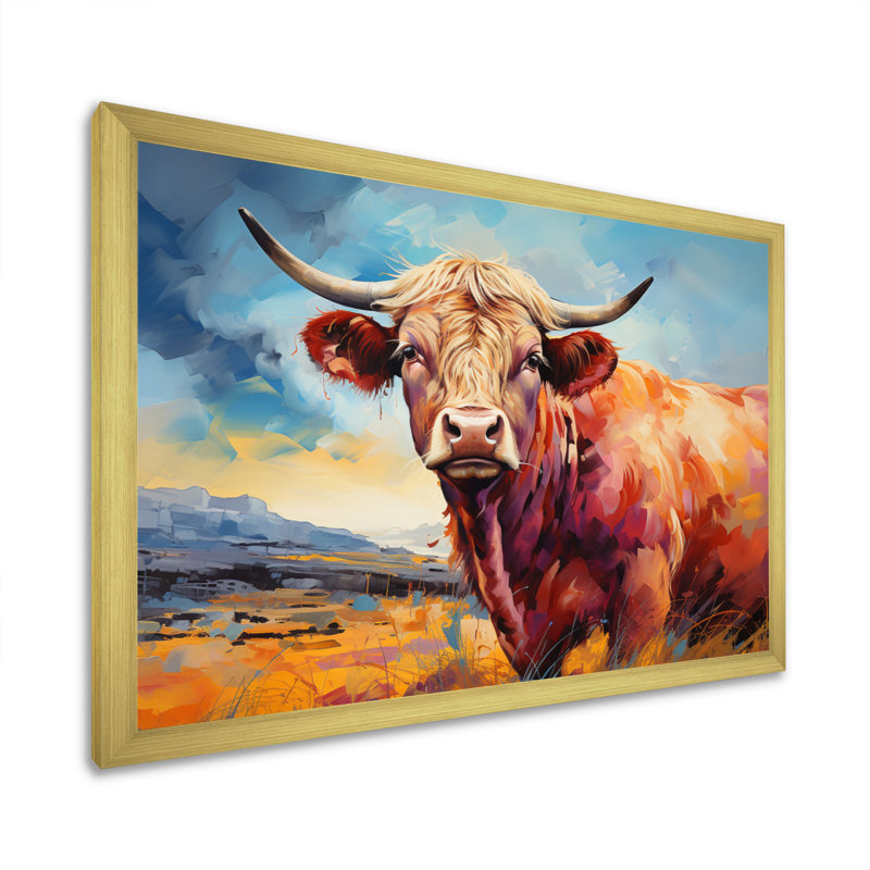 Vache, campagne, palette IV - impression, Encadrement doré, H 16 po x l 32 po x P 1 po
