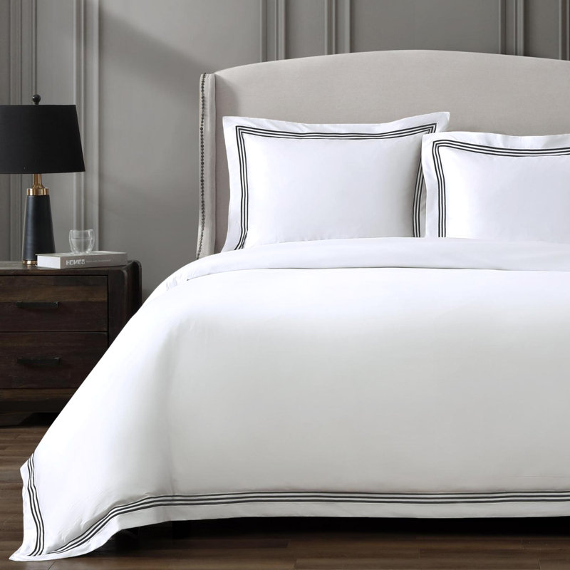 Triple Luxe Sateen Duvet Cover Set , White/Black, King Duvet Cover + 2 King Shams