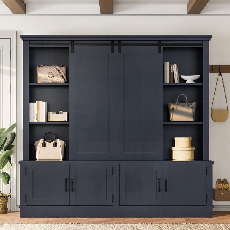 Multifunctional Entryway Cabinet Sliding Rails Tree Shaped Design Barn Door Vintage Aesthetic, Black