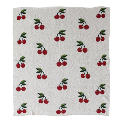 Cotton Knit Throw Blanket With Cherry Motif