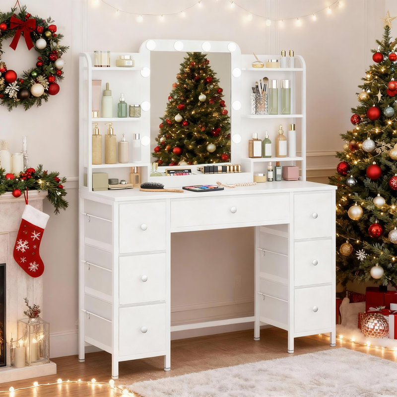 Dressing Table with Mirror, Vanity Desk with 3-Color LED Lights Adjustable Brightness, 7 Fabric Drawers, 6-Layer Shelves, Modern Makeup Vanity Table for Bedroom, White 