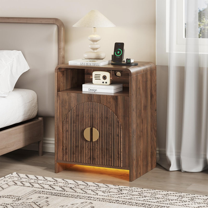 Nightstand With Charging Station And LED Lights, Walnut