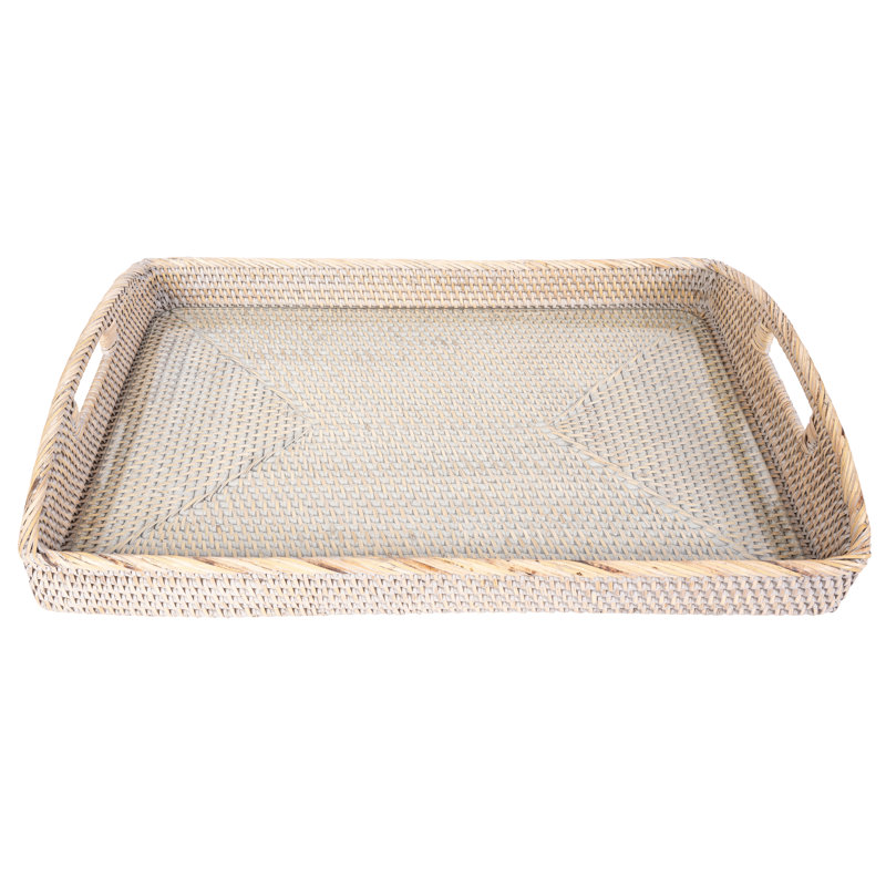 Rectangular Tray with Glass Insert, 21" W x 14" D x 2" H, White Wash