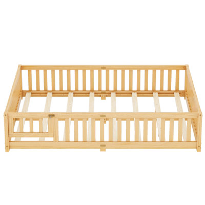 Queen Size Kids Floor Bed with Safety Guardrails & Door - Low Profile Toddler Bed, Natural, Safe & Easy Access for Children’s Bedroom by Latitude Run
