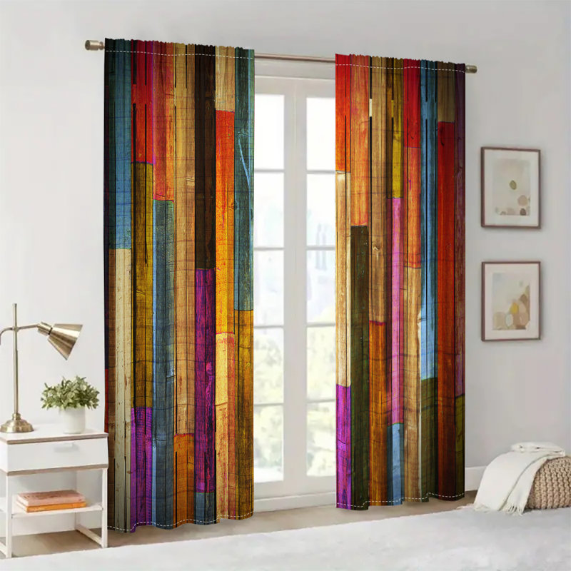 2Pcs Colorful Wood Panel Print Curtains Vintage Rustic Rainbow Wooden Planks Pattern Window Drapes Semi Sheer Light Filtering Rod Pocket for Living Room Bedroom Kitchen Dining Modern Home Decor