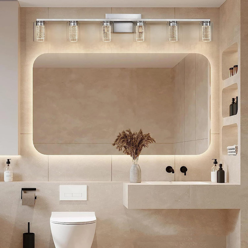 Applique murale en cristal avec luminaire de salle de bain à 6 lumières, applique décorative moderne en verre cristal bullé avec éclairage DEL à intensité variable 3 couleurs pour salle de bain, couloir, salon et dressing.