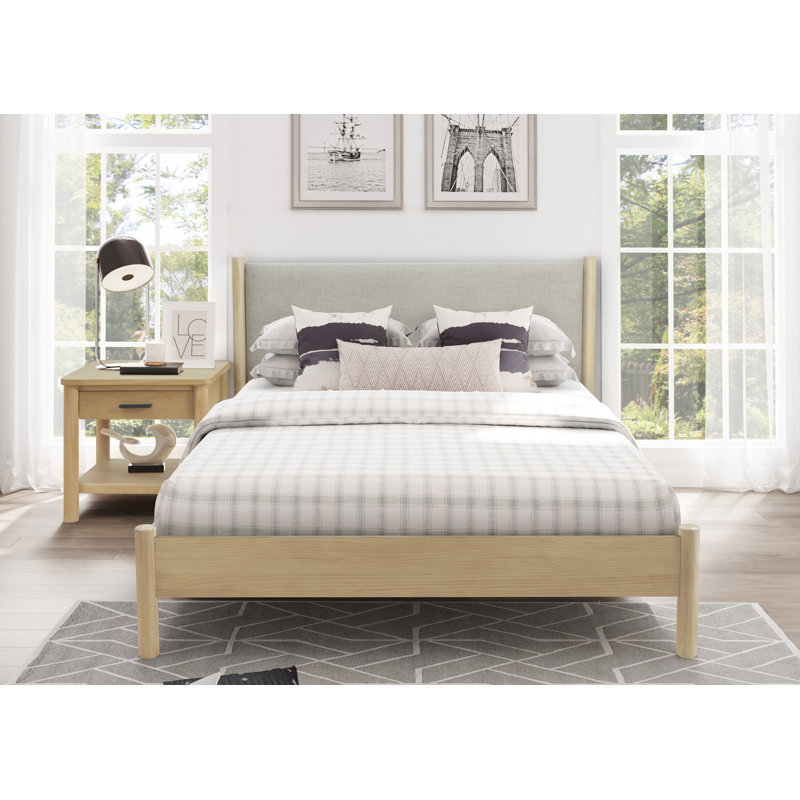 Shinji Queen Platform Bed Frame with Upholstered Headboard, Beige