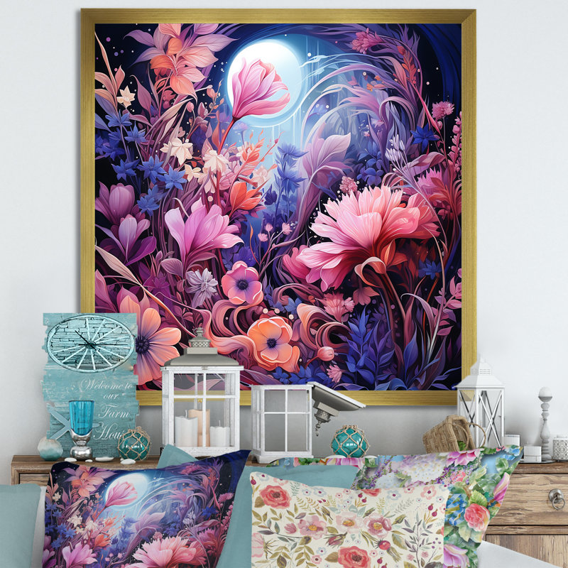 Rose et mauve floral prairie - art mural prairie, Gold Picture Framed, 16" H x 16" W