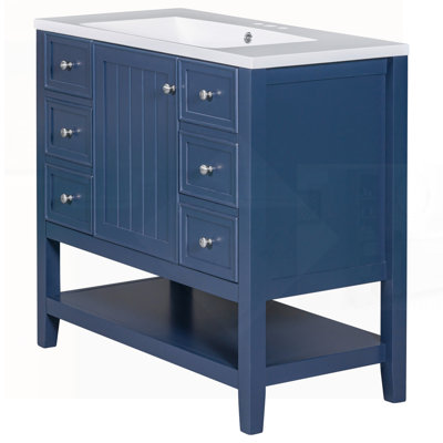 Stylish Bathroom Vanity With Sink, Cabinet, And Drawers, Made From Solid Wood And MDF For Durability And Storage.