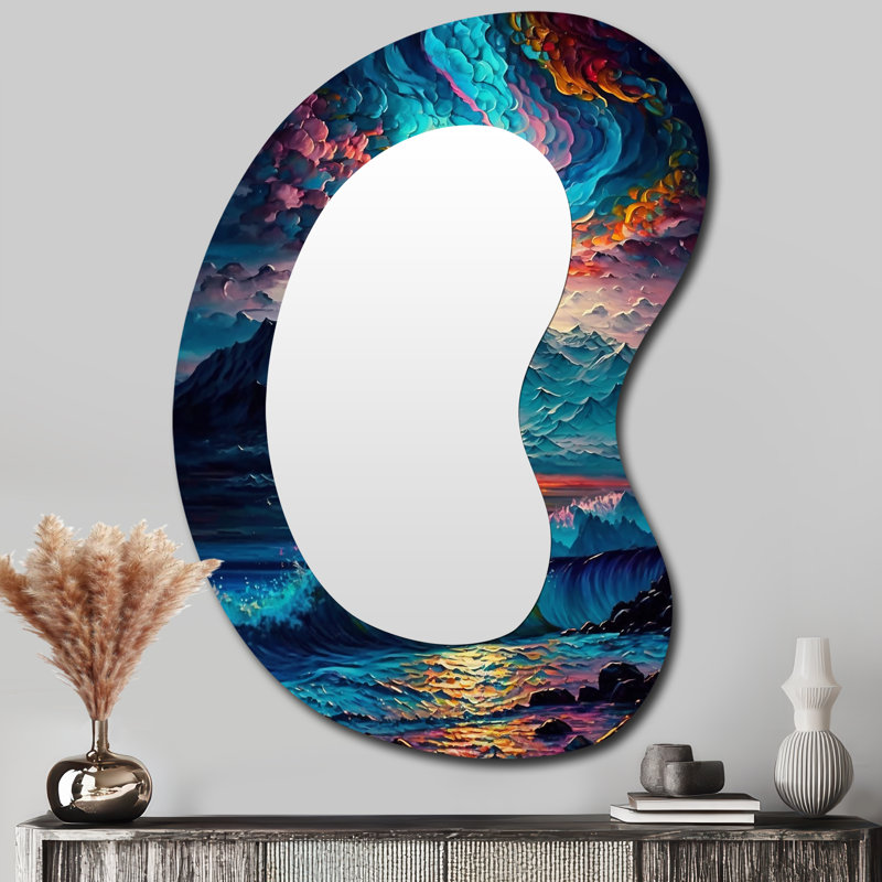 Flemmie Mystical Aurora Borealis Arctic Mountains III - Beach Asymmetrical Decorative Mirror, Blue Unique Shape Wall Mirror, Printed Metal Art