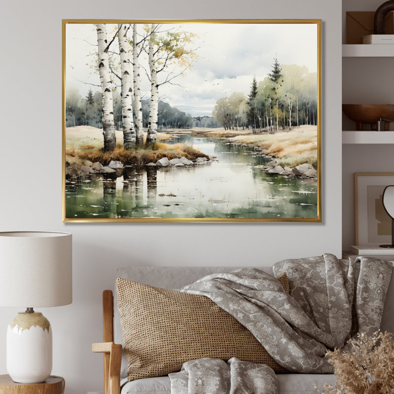 Birch Woods Birch Haven - Art mural de bouleau, Cadre flottant doré, H 24 po x l 32 po x P 1 po