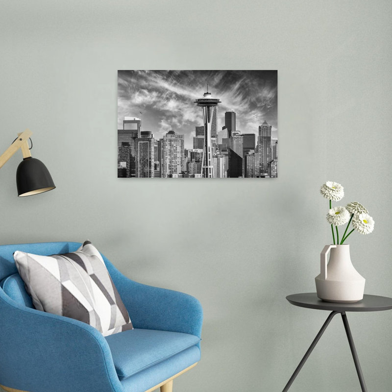 Seattle Space Needle Skyline Dramatic Modern Abstract Architecture City Wall Art Print 1 Piece Wrapped Canvas Wall Art