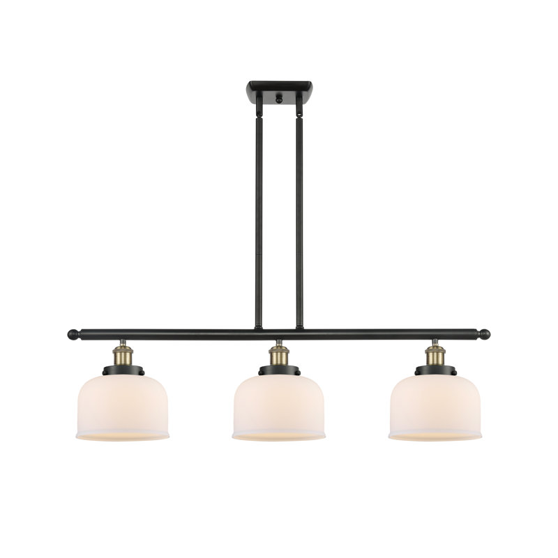 Cloche - 3 lumières d'îlot de 36 po - abat-jour de 8 po, Blanc mat, Laiton antique noir, Ampoule non incluse