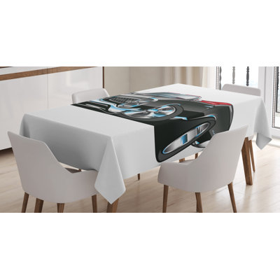 Cars Tablecloth, American Nostalgic Sports Muscle Car With Speeding Wheels Tires Print, Rectangular Table Cover For Dining Room Kitchen Decor, 60" X 90", Pale Grey Blue
