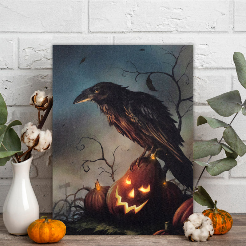 Art mural à piles avec éclairage - Corbeau d'Halloween
