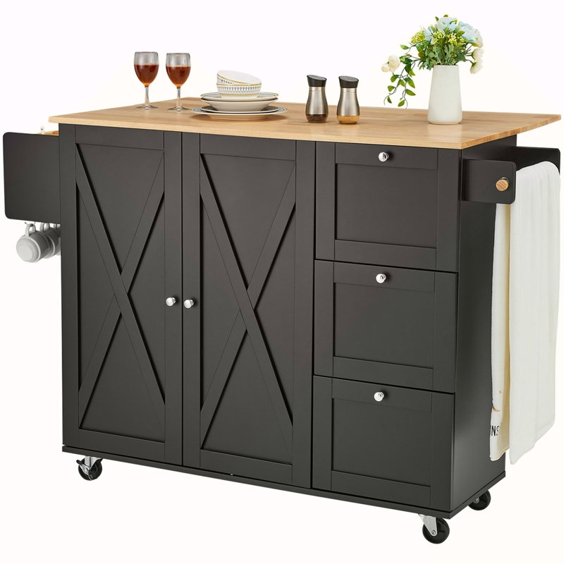 Kitchen Island Cart Rolling Storage Cabinet On Wheel With Drawer & Shelves, Black