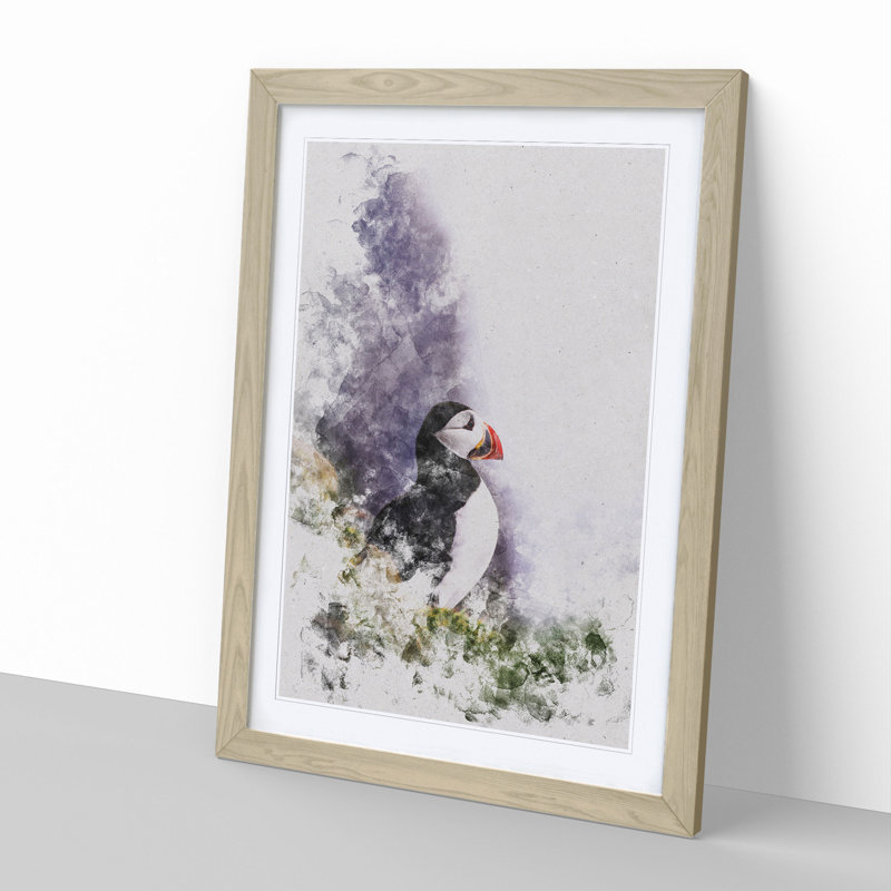 Atlantic Puffin Birds Vol.7 Watercolour - Picture Frame Graphic Art, 36cm H x 27cm W x 2cm D, Oak