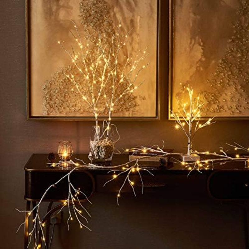 Guirlande de bouleau éclairée à piles avec 8 fonctions, 48 lumières blanches et multicolores 6 pi, guirlande pré-éclairée pour la décoration des Fêtes