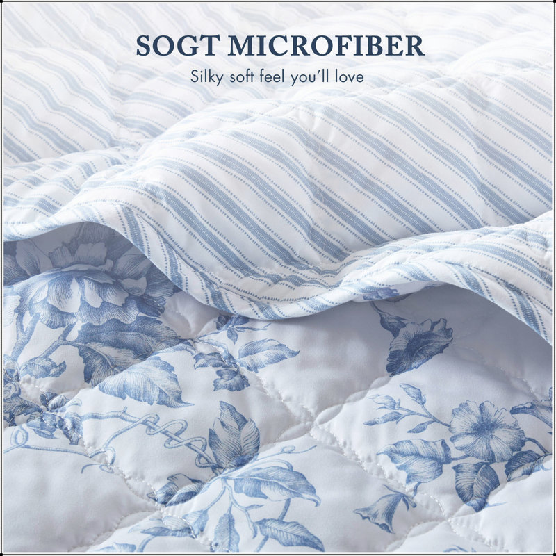 Ensemble de courtepointe réversible à motif floral 4 pièces pour lit double/queen avec coussin décoratif 229 x 229 cm, Bleu