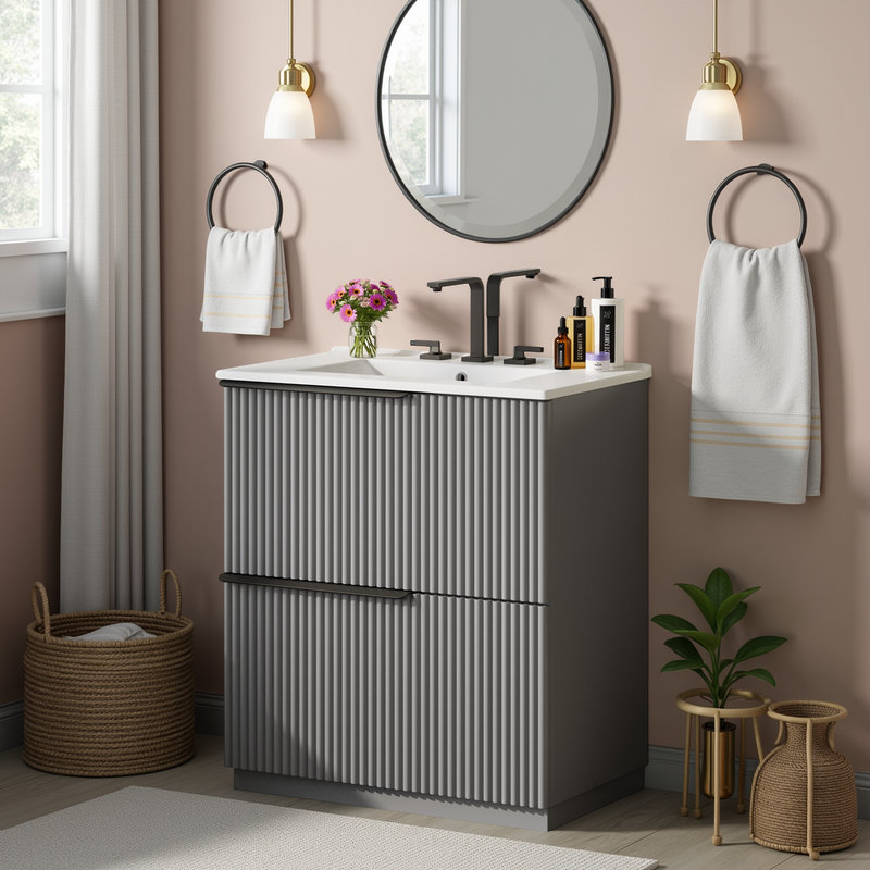 Fluted Design 30" Bathroom Vanity with Ceramic Sink, Split-Drawer Storage, Gray