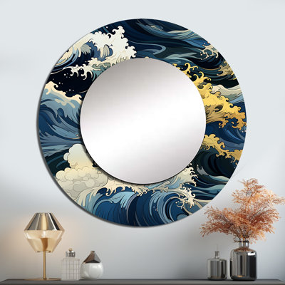 Motif de vagues japonaises Hokusai - miroir mural unique côtier, miroir rond côtier, impression d'art en métal