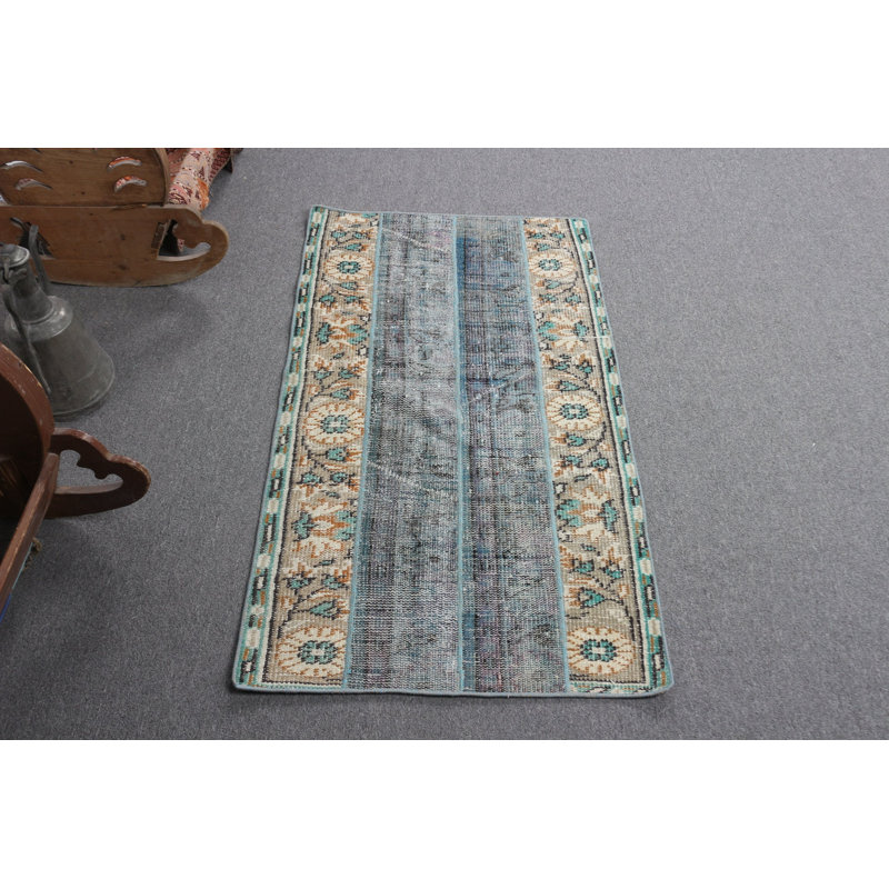 Small Blue Wool Turkish Patchwork Rug Ideal for Kitchen and Other Areas with Vintage Anatolian Design and Soft Texture