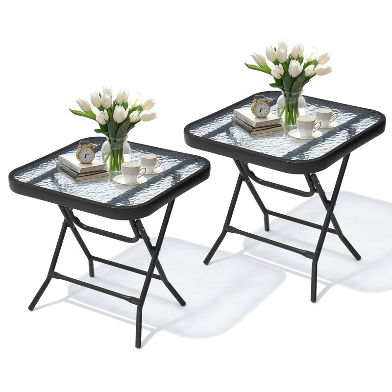Square Glass Outdoor Folding Side Table (Set of 2), Black