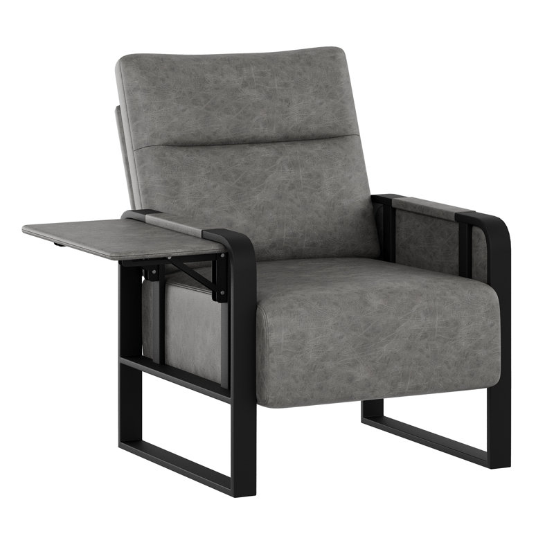 Whole Metal Frame Upholstered Accent Chair With Side Tray Table, Gray Faux Leather