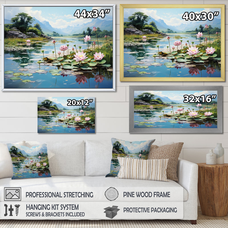 «Malacai China Art Jade Lotus II», art mural Chine, H 24 po x l 32 po x P 1 po, Cadre flottant doré