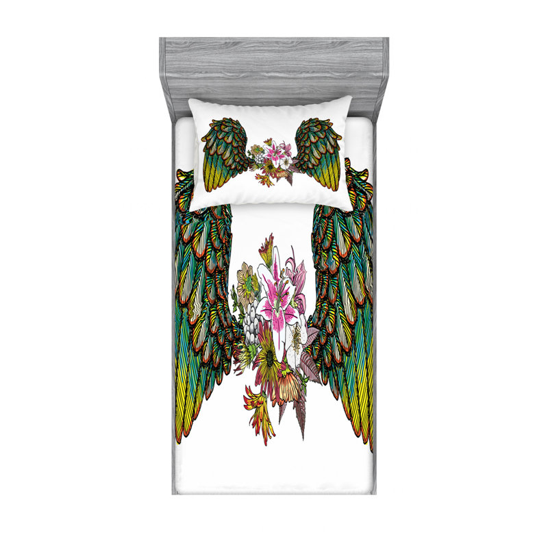 Drap-housse en microfibre à motif Angel Wings, Drap-housse pour lit simple TG avec 1 taie d'oreil