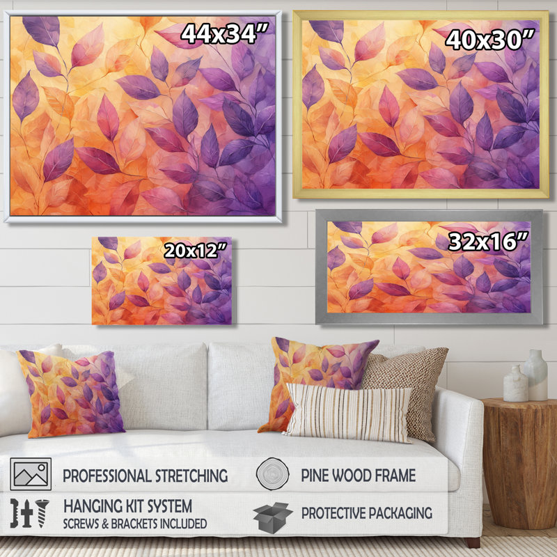«Inbar Sunset Leaves I» - art mural grandes feuilles, Reproduction encadrée d'une seule photo, H 12 po x l 20 po, Doré