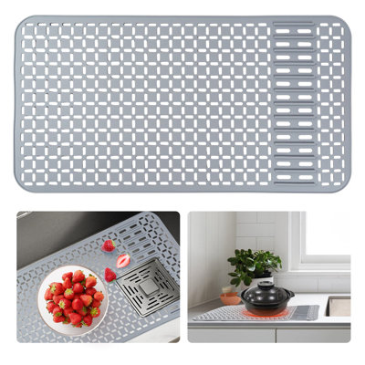 Tapis d'évier en silicone DIY Drain Hole, protecteur d'évier de cuisine de ferme de 25,6 x 13,6 pouces, revêtement d'évier antidérapant résistant à la chaleur pour éviers en acier inoxydable