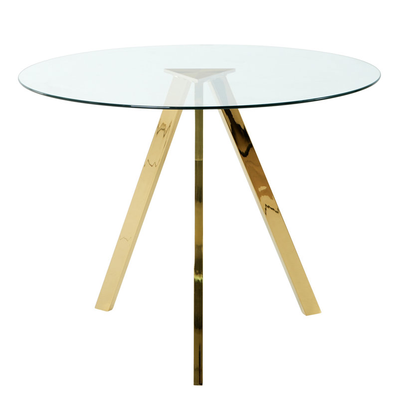 Table de salle à manger ronde moderne de 39,2 po avec pieds en métal doré et plateau en verre transparent pour le salon et la cuisine, design trempé tendance, facile à installer, robuste, élégant et facile à nettoyer