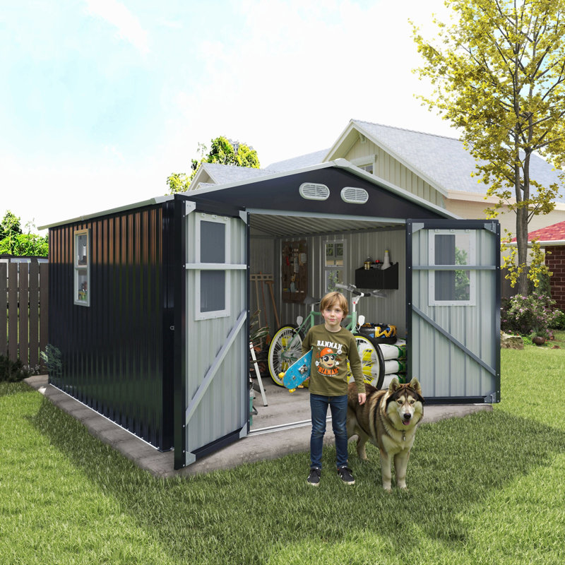 Outdoor Storage Shed, 8X8  Protective Film, Four Daylight Windows Lockable Doors,A Practical And Thoughtful Gift, Dark Gray