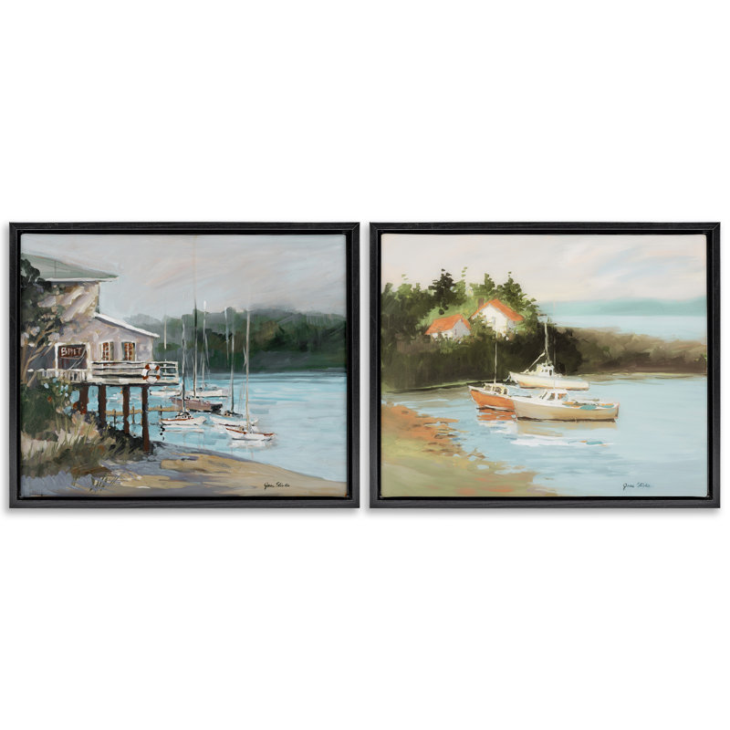«Boat Lakeshore Landscape», ensemble de 2 toiles flottantes encadrées par Jane Slivka, H 25 po x l 31 po