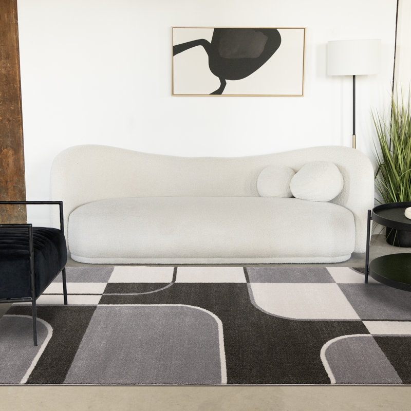 Tapis gris dense tissé à motif géométrique Hor86, Rectangle 5 pi 3 po x 7 pi 7 po