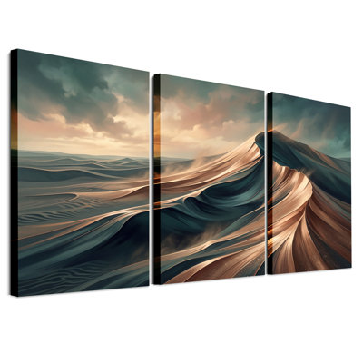 Abstrait paysage de dunes de sable en bleu sarcelle et or, ensemble de 3 toiles