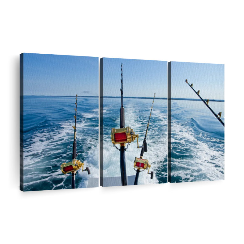 Ensemble de 3 pièces de pêche au gros sur toile, H 48 po x l 74 po x P 1,25 po