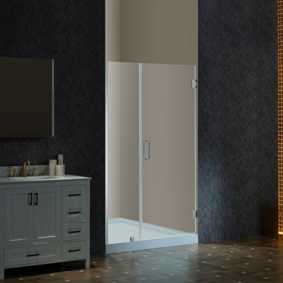 Porte de douche à charnière pivotante simple sans cadre l 42 à 43 po x H 76 po, verre trempé incassable de 3/8 po (10 mm) d'épaisseur