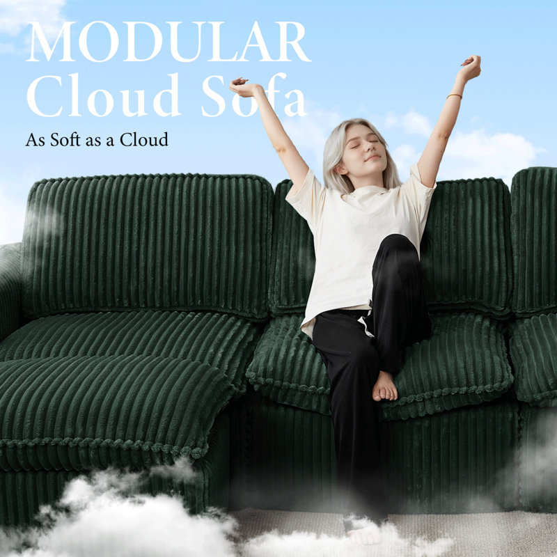 Boneless Modern Sectional Modular Sofa With Ottoman, Green Corduroy