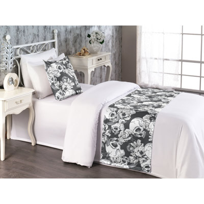 Ambesonne Gothic Themed Bed Runner Set Spooky Skull Pattern Charcoal Grey Pale Grey