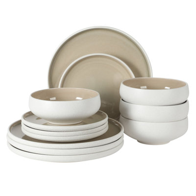 Gibson Elite Pacifco Beach Plates and Bowls Sets, 12-Piece Stoneware Dinnerware Sets, Reactive Glaze Dish Set - Taupe