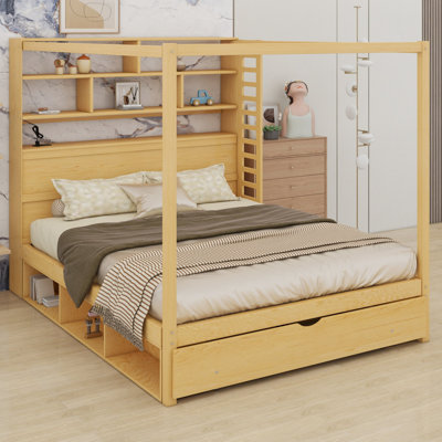 Structure de lit à baldaquin avec tête de lit bibliothèque, ports USB et lumières DEL pour ancrer une chambre à coucher moderne