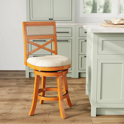 24" Counter Height X-Back Swivel Function Stool, Natural Finish, Beige Upholstered In Fabric In Stylish Offices Seat