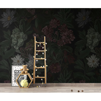 Dark Botanical Wallpaper Mural, Moody Floral Wall Art, Vintage Wildflower Foliage, Deep Green Burgundy Charcoal, Dark Academia Luxury Decor