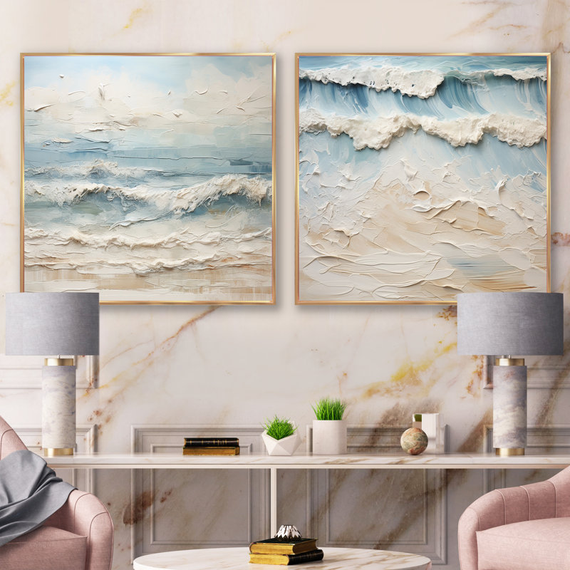 Peinture de plage côtière beige et bleue - ensemble de 2 carrés de plage côtiers, Cadre flottant doré, H 16 po x l 33 po